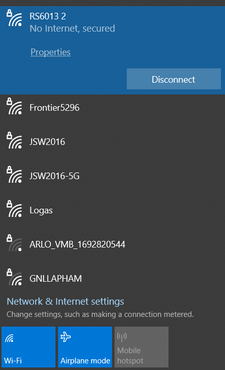 Windows diplaying Wifi connection options
